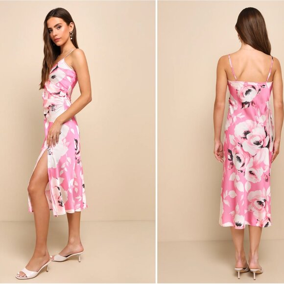 NWT XL Lulus Garden Sweetheart Pink Floral Satin Surplice Ruched Midi Dress - Picture 2 of 2